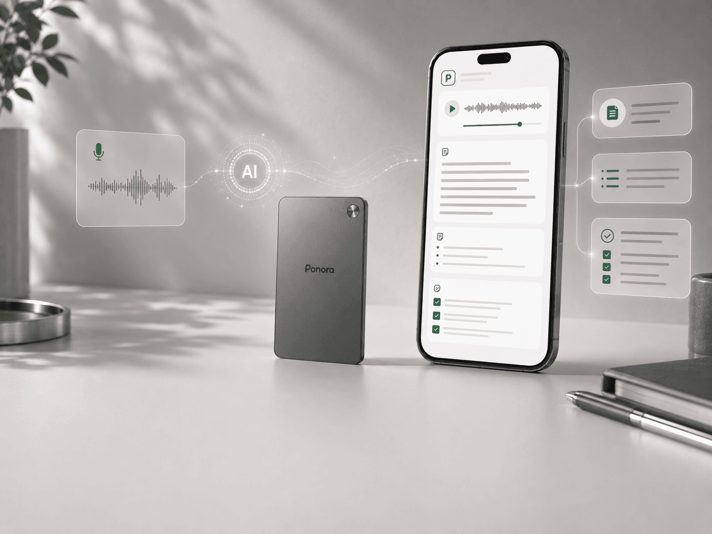 App de Ponora mostrando un flujo de transcripción con IA
