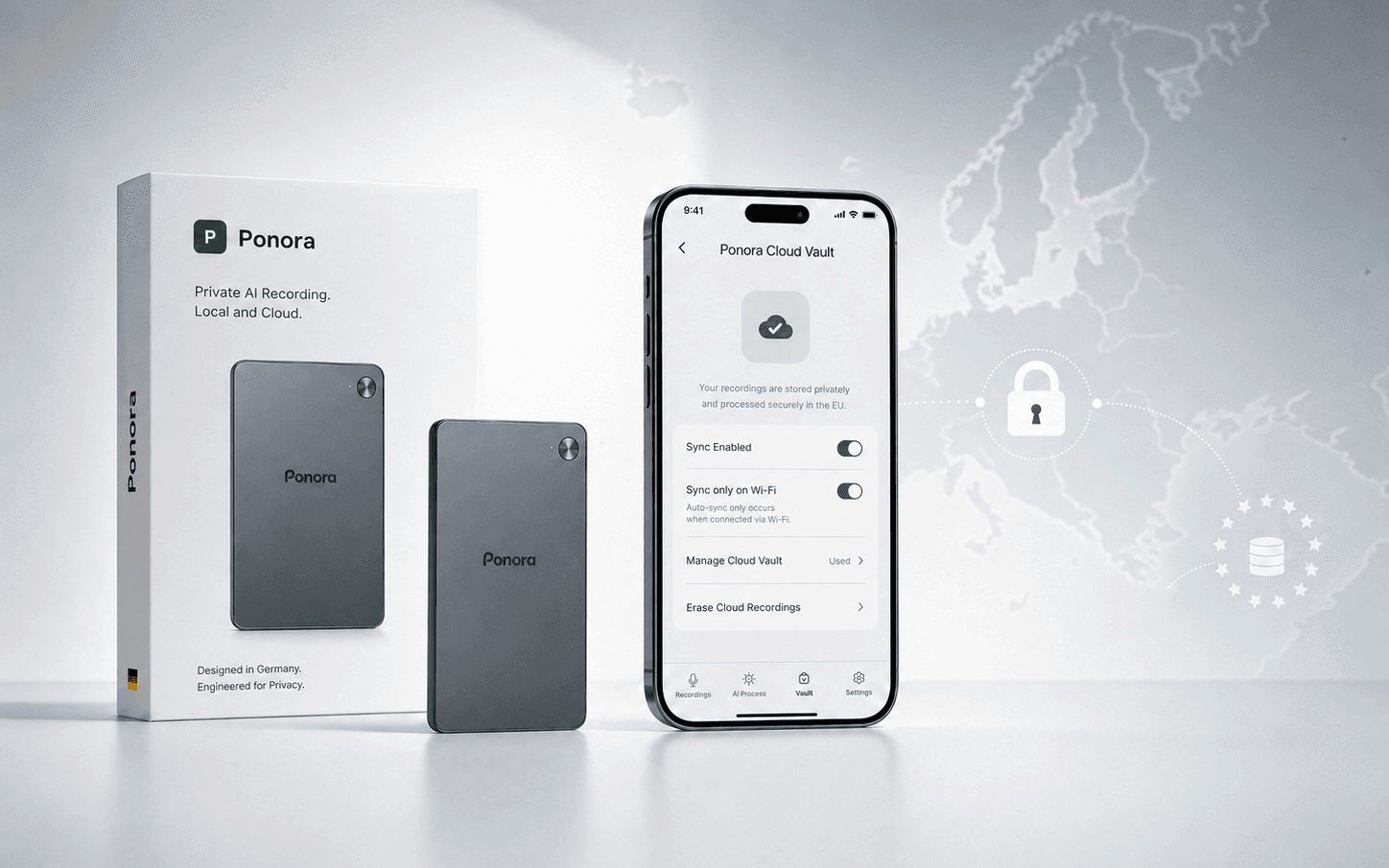Prodotto Ponora, schermata dell'app e visual europeo sulla privacy